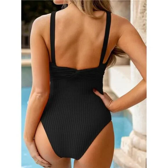 Women's One Piece Swimsuit V Neck Ruched Ribbed Twist Back Wide Straps